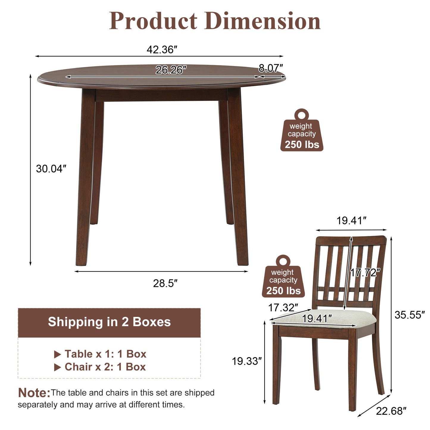 3-Piece Round Dining Table Set For 2 People, 1 Folding Wood Dining Table   2 Upholstered Chairs, Space-Saving Design For Small Apartments And Dining Areas - BROWN