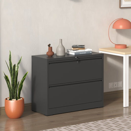 Lateral File Cabinet 2 Drawer, Black Filing Cabinet With Lock, Lockable File Cabinet For Home Office, Locking Metal File Cabinet For Legal Letter A4 F4 Size