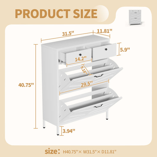 Shoe Cabinet With 2 Flip Drawers And 2 Drawers, Slim Metal Entryway Storage Cabinet, Freestanding 31.5 W X 40.75 H White Organizer With Anti-Tip Device
