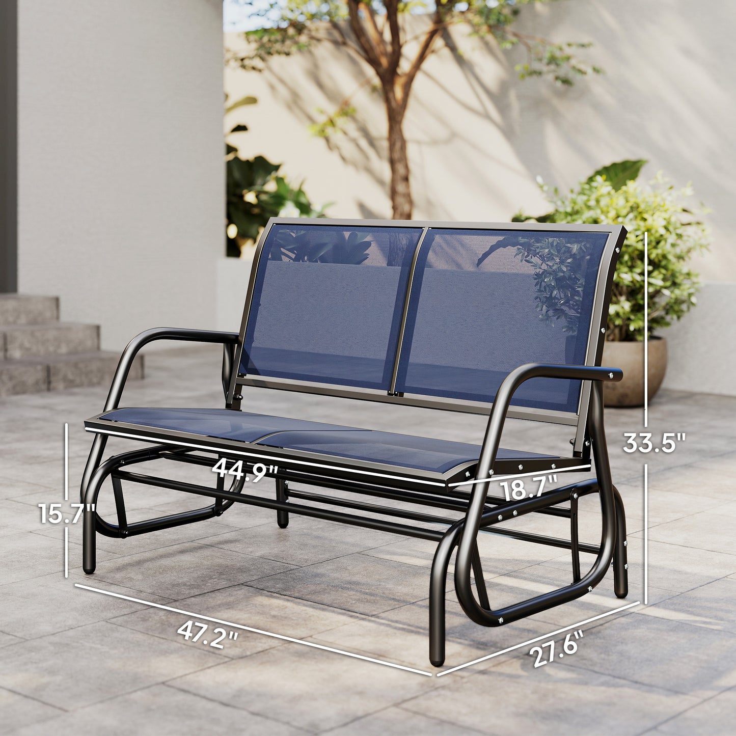 2-Person Outdoor Glider Bench, Patio Double Swing Rocking Chair Loveseat With  Steel Frame, Dark Blue