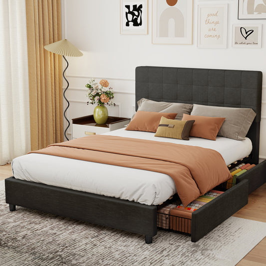 Full Bed Frame Upholstered Vertical Channel Headboard Bed Frame With 4 Storage Drawers Wood Slats No Box Spring Needed Easy Assembly For Bedroom