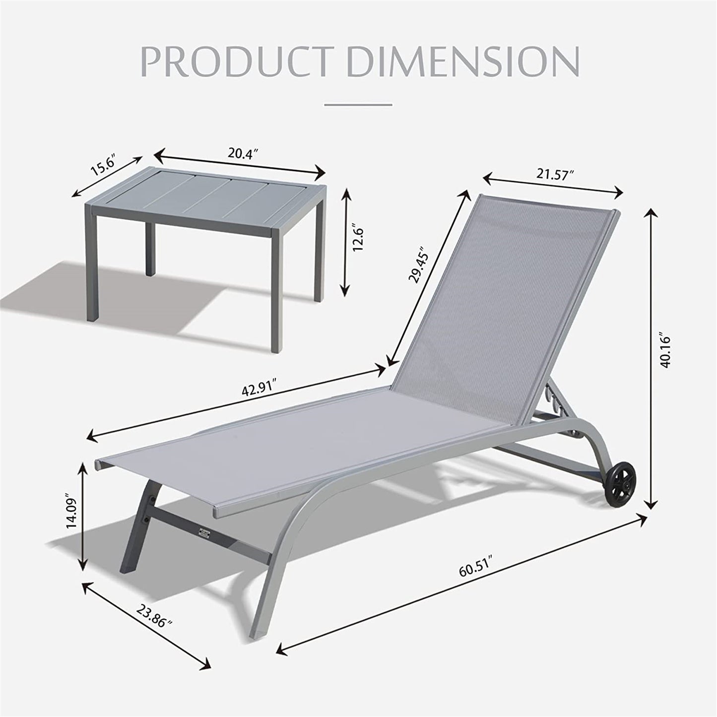 Chaise Lounge Outdoor Set Of 3, Lounge Chairs For Outside With Wheels, Outdoor Lounge Chairs With 5 Adjustable Position, Pool Lounge Chairs For Patio, Beach  Grey,2 Lounge Chairs  1 Table