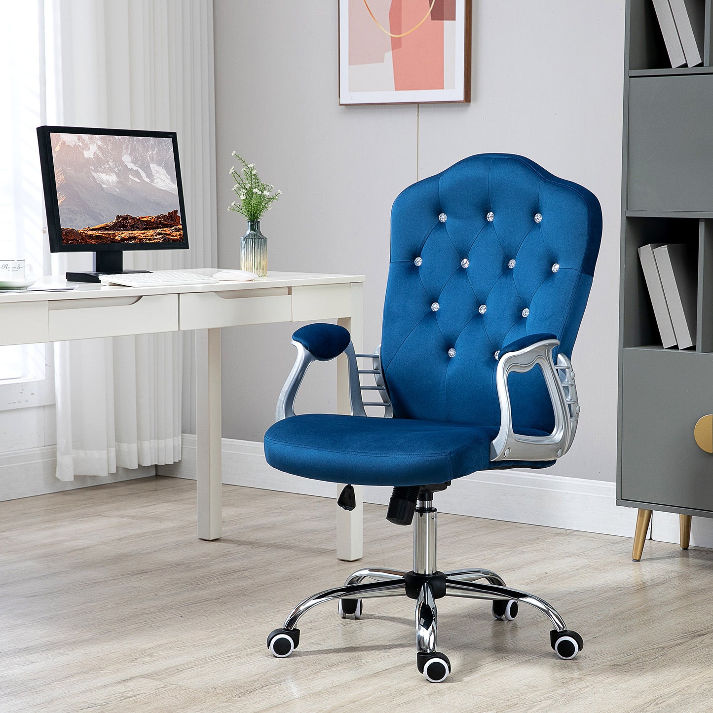 Velvet Office Chair Desk Chair With 360 Degree Swivel Wheels Adjustable Height Tilt Function Blue