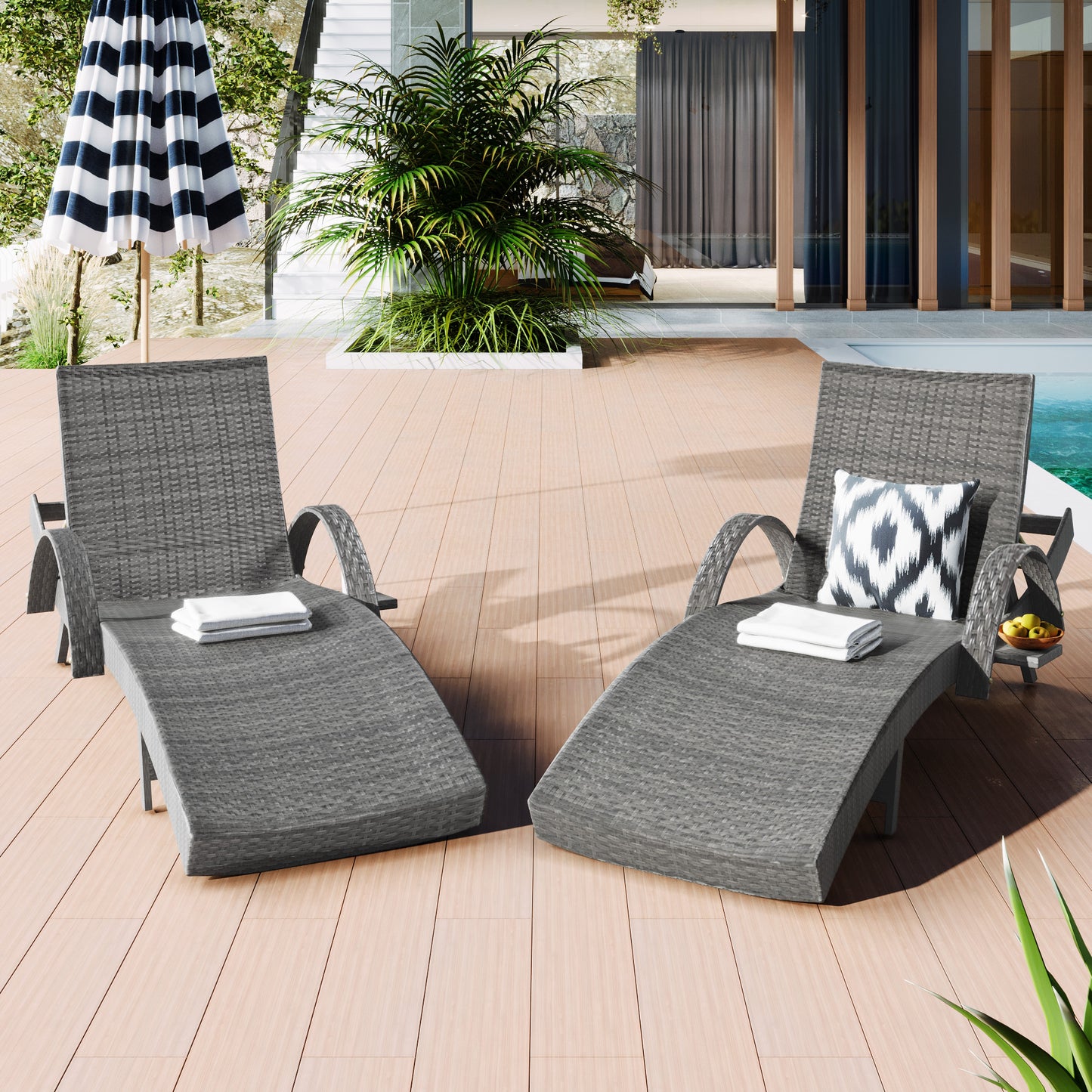 K&K 80   Outdoor Wicker Chaise Lounge Chairs Set Of 2, Patio Rattan Reclining Chair Pull-out Side Table W   5-Level Adjustable Backrest Ergonomic Wave Design Pool Sunbathing Recliners, Grey