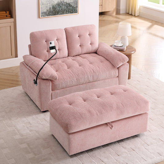 Leisure Sofa Chair,Double Sofa Recliner, With Manually Adjustable Backrest, Soft Padded Armrests, Side USB Charging Port And Phone Stand, Comes With A Matching Storage Ottoman-Pink