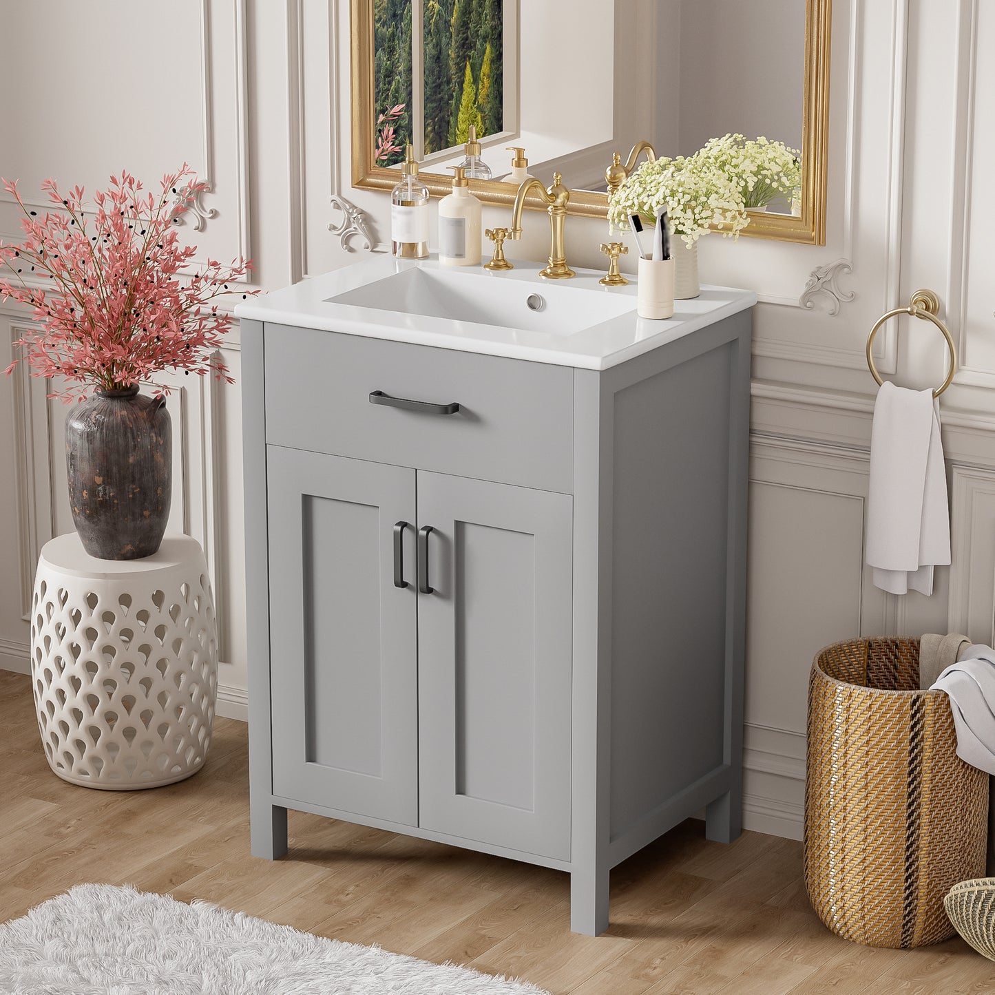 24 Bathroom Vanity Combo With Ceramic Sink, Luxurious Space-Saving Vanity - W24 XD18 XH34 Inch, 2 Soft Close Doors