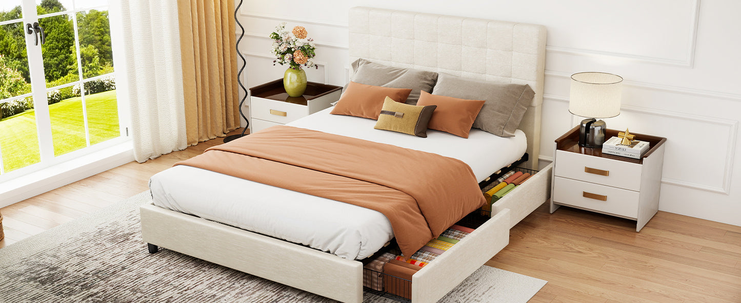 Bed Frame Upholstered Vertical Channel Headboard With 4 Storage Drawers Wood Slat Elegant Modern Bed Frame No Box Spring Needed Easy Assembly For Bedroom