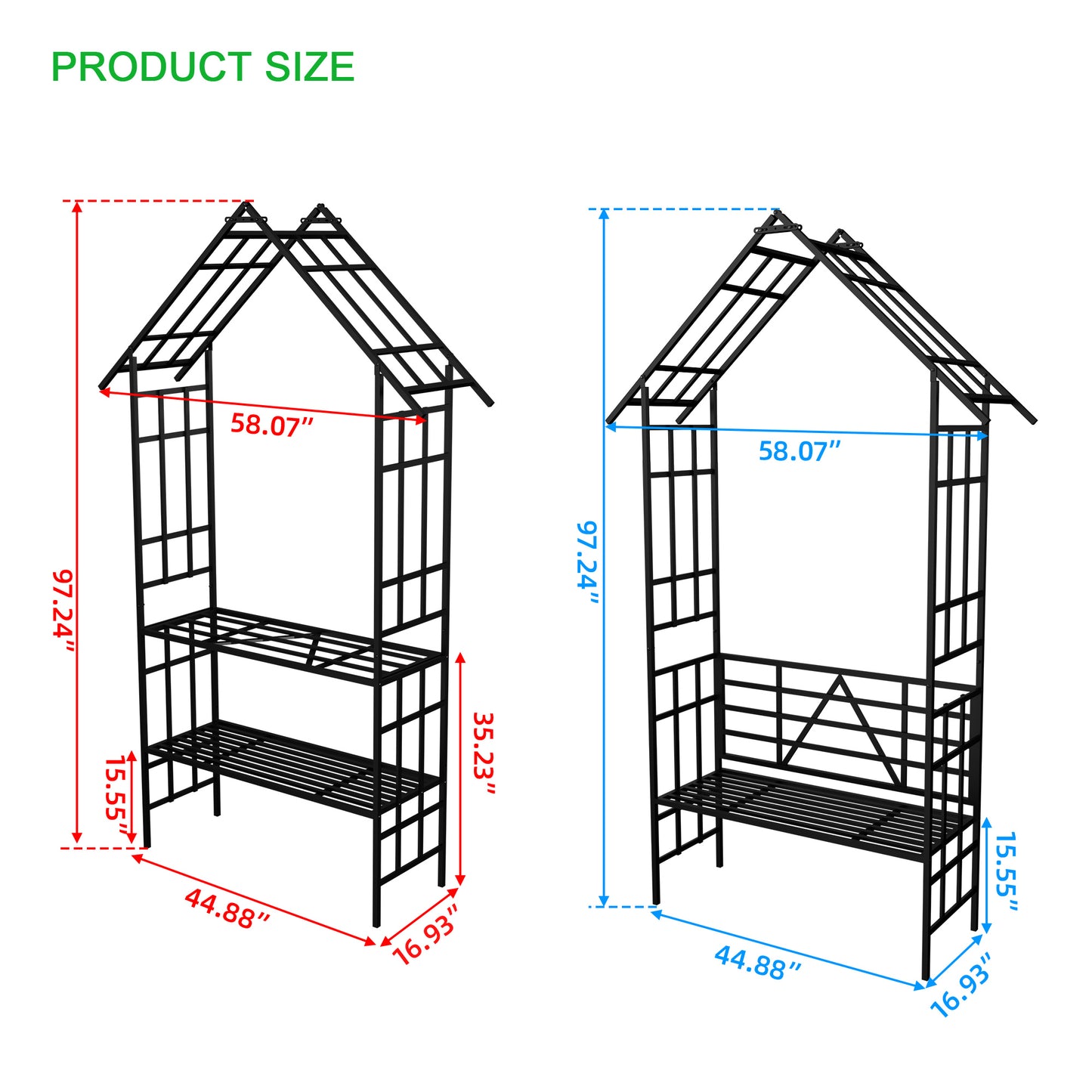 Metal Garden Arch With Bench Turned Into Flower Stand W58.07xH97.24 Climbing Plants Support Rose Arch Outdoor Black
