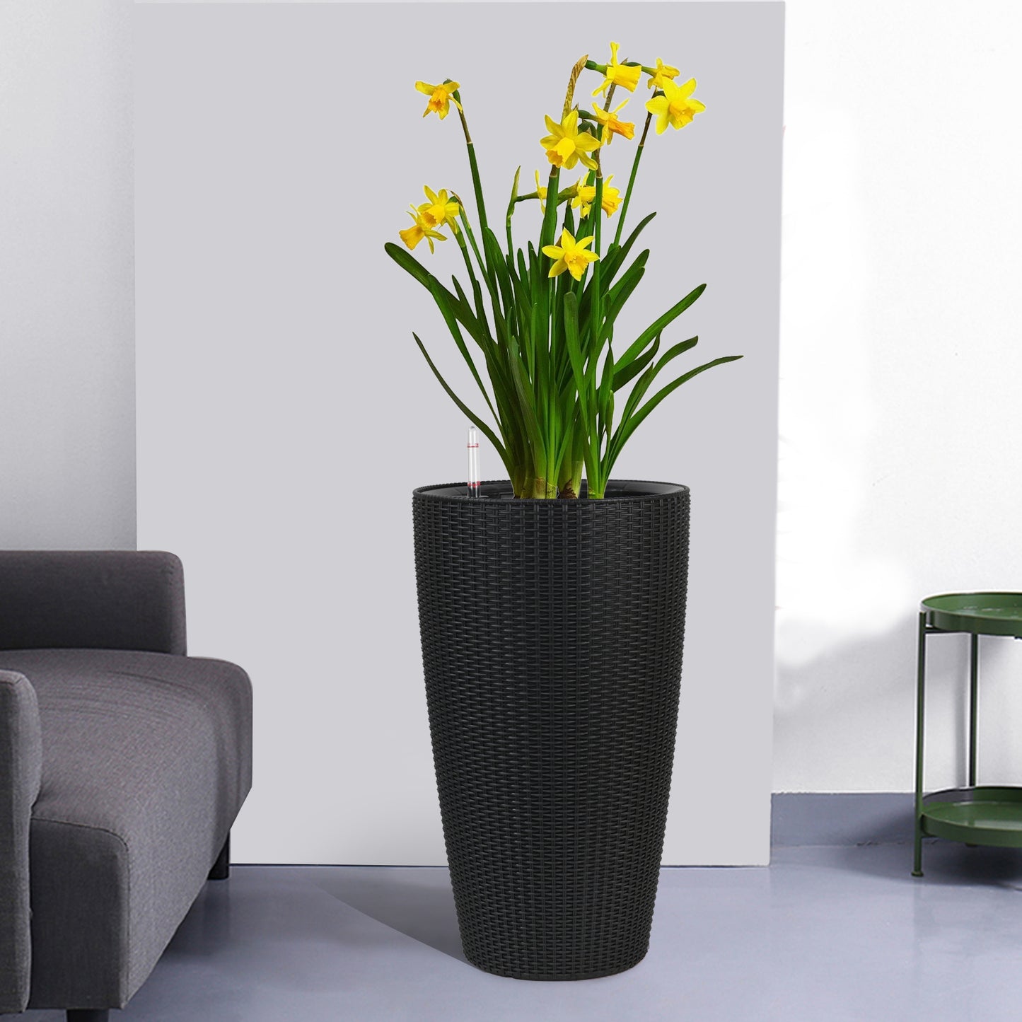 Set Of 2 Faux Rattan Tall Planters Outdoor Indoor Large Planters With Water Level Monitor Inner Bucket, Automatic Watering, Flower Plant Pots For Garden, Patio, Porch,  Black, 22 Inch