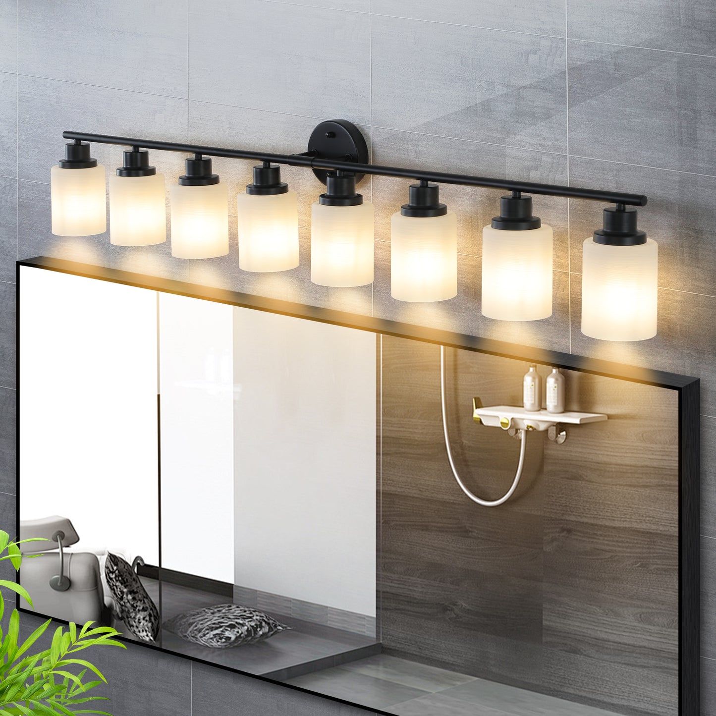 52  Modern 8-Light Vanity Bathroom Mirror Light, Frosted White Glass With Black Iron Frame, Contemporary Wall Sconce For Bedroom, Bathroom, And Dressing Room  Bulb Not Included