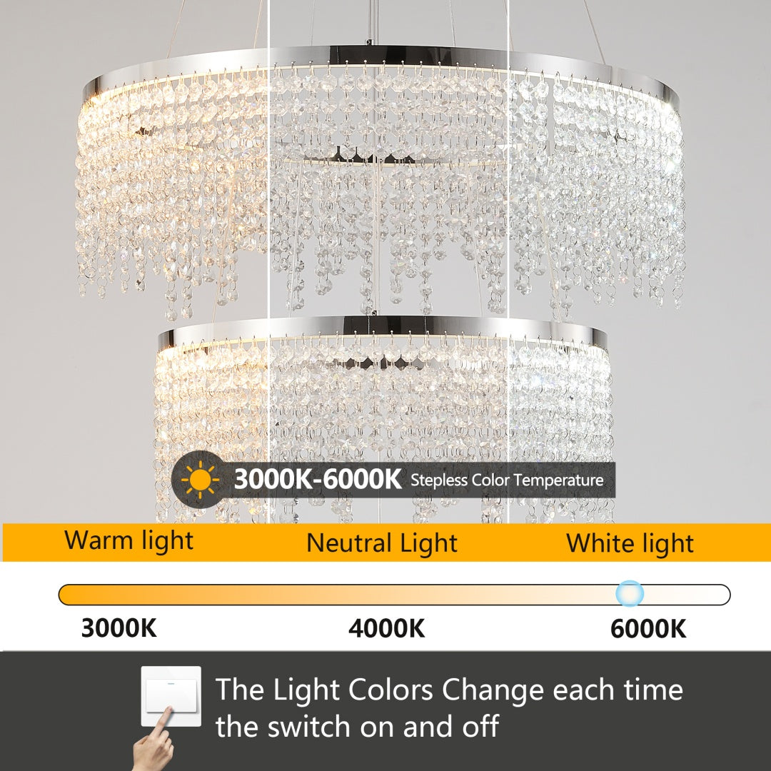 24-inch Crystal Chandelier LED Ceiling Lamp, Adjustable Color Temperature 3000K -4000K-6000K, Height Adjustable, Luxury Round Chandelier, Suitable For Living Room, Dining Room, Bedroom