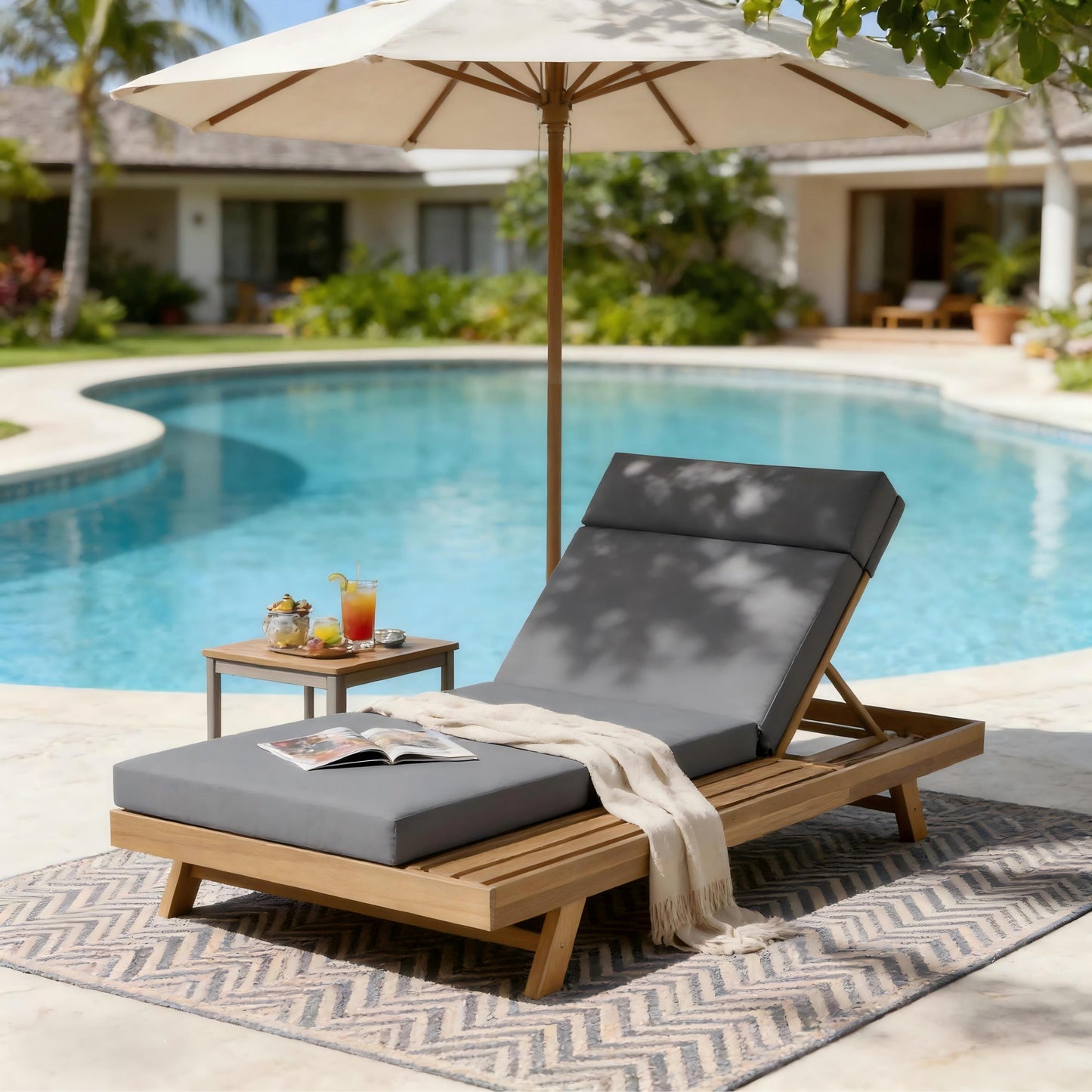 Lounge Chaise Set With Headrest, Space Available On One Side, Acacia Wood In Light Brown With Water-Resistant Lounge Cushions  Dark Grey & 3-Fold & 4 Inch  -Matching Cream Beige Version Available
