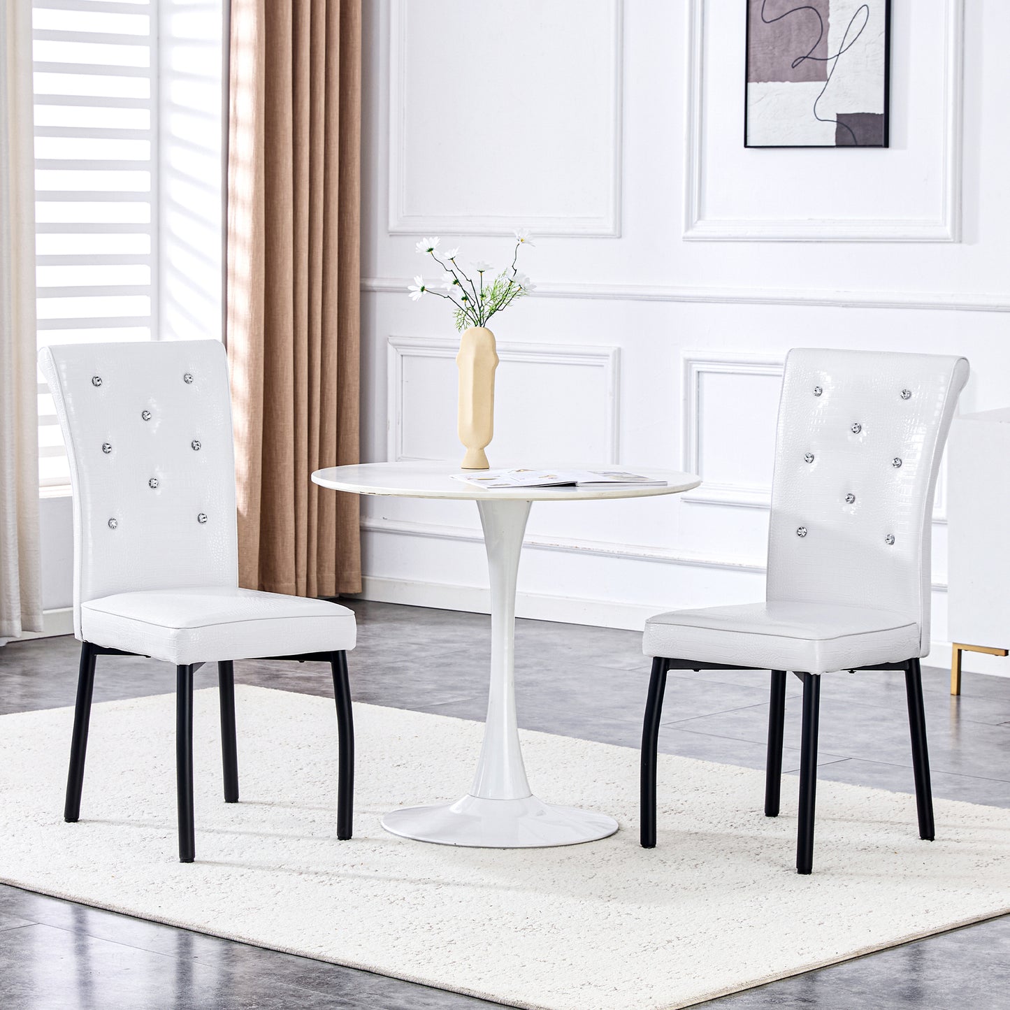 A Set Of 4 White And Black Vintage Crocodile Leather Cushioned Dining Chairs, Featuring Crystal Clasp Design And Artificial Leather Design, Adding A Touch Of Elegance And Mystery To The Dining Area