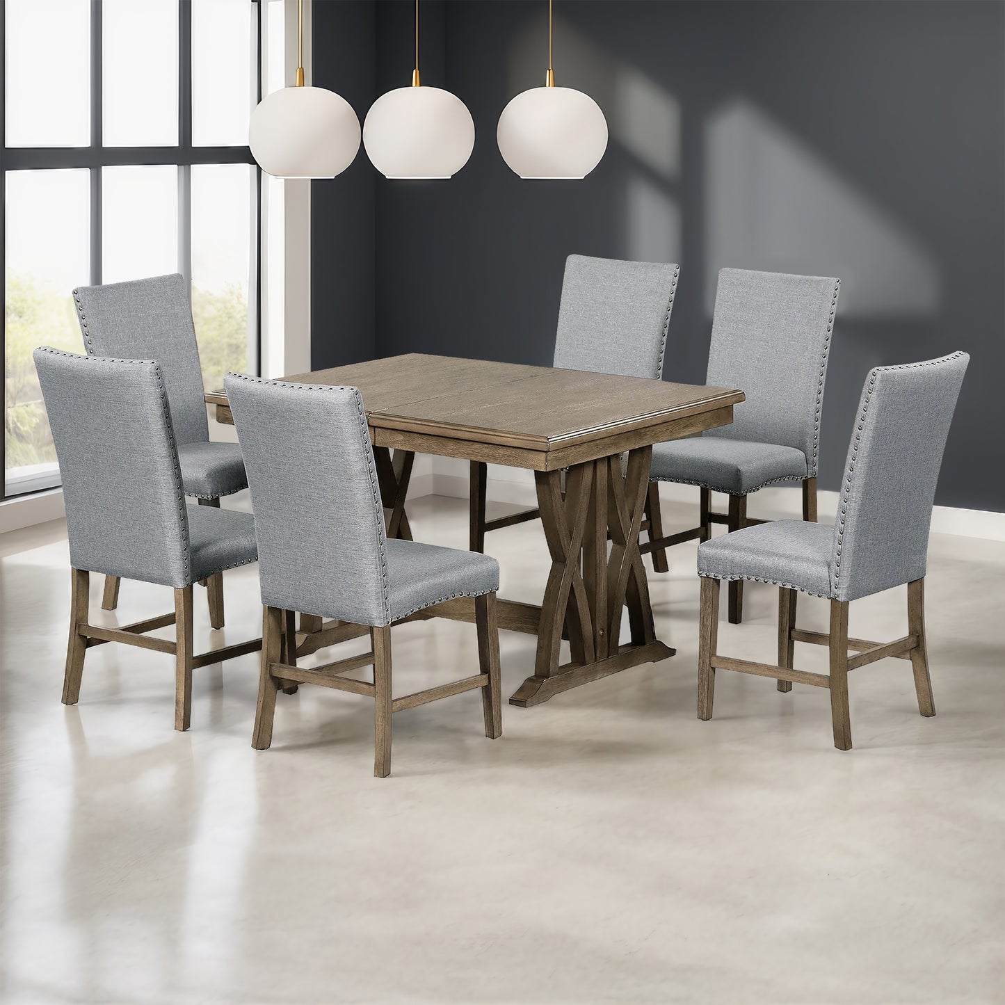 TOPMAx Mid- Century Solid Wood 7- Piece Dining Table Set Extendable Kitchen Table Set With Upholstered Chairs And 12  Leaf For 6  Golden Brown Gray Cushion