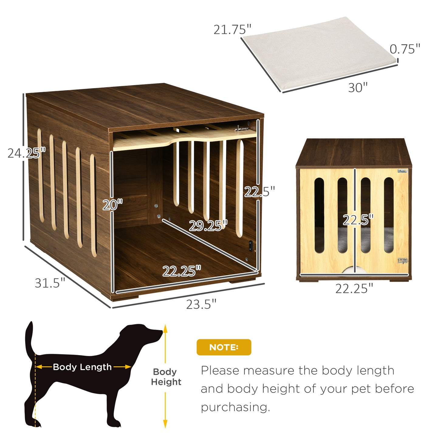 Furniture Style Dog Crate End Table With Removable Door Panel, Dog Crate Bed With Foam Cushion, Safety Lock, Indoor Use, For Small & Medium Dogs, Brown