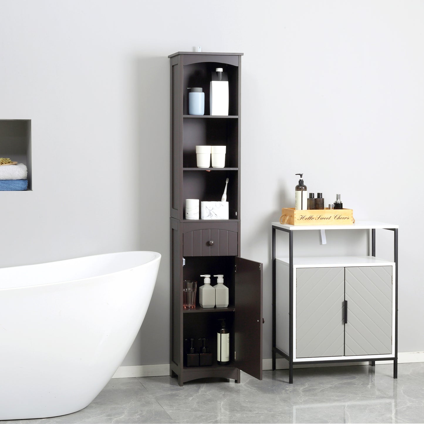 Bathroom Storage Cabinet, Free Standing Bathroom Storage Unit, Tall Linen Tower With 3-Tier Shelves And Drawer, Brown