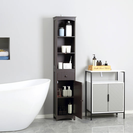 Bathroom Storage Cabinet, Free Standing Bathroom Storage Unit, Tall Linen Tower With 3-Tier Shelves And Drawer, Brown