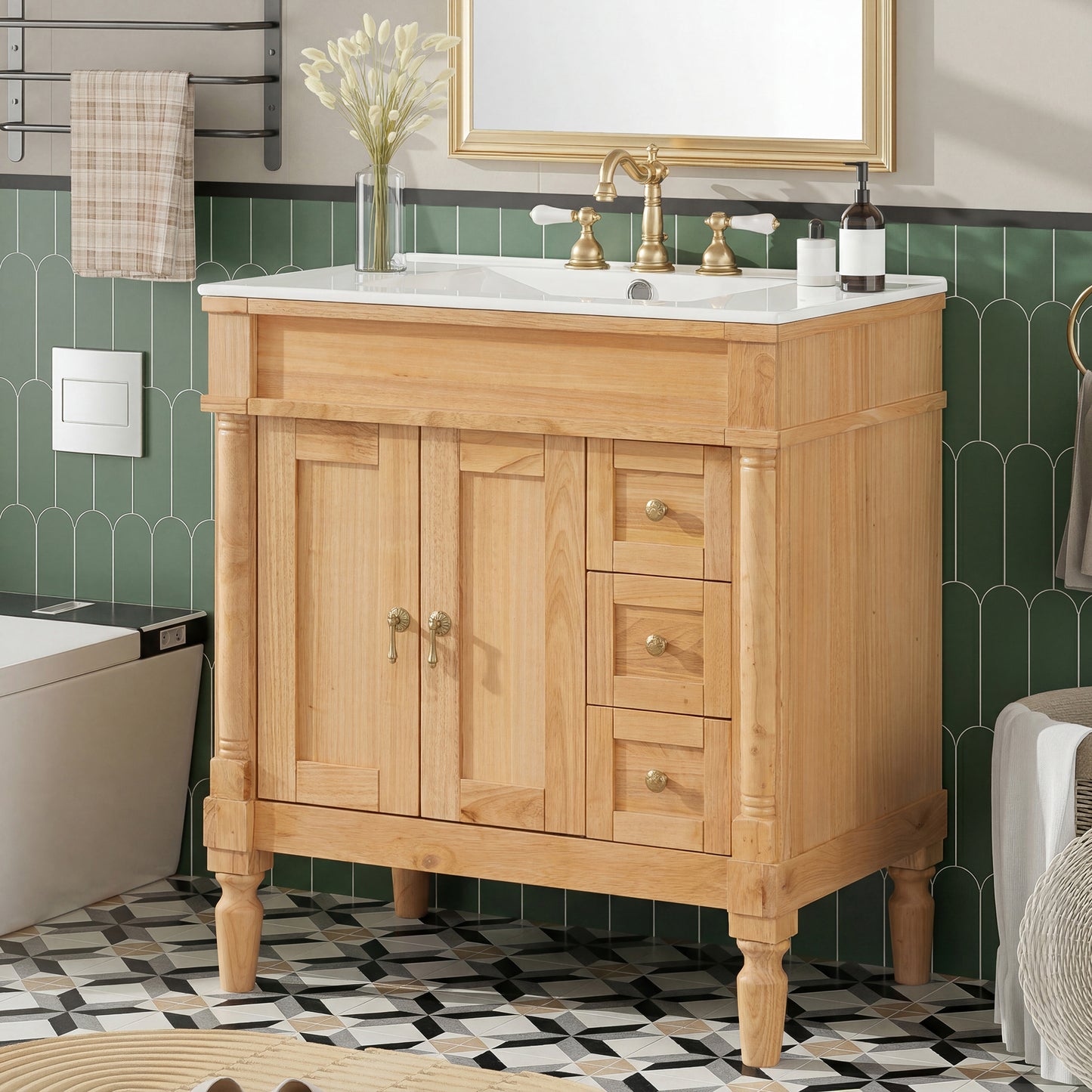 30-Inch Modern Bathroom Vanity, Solid Wood Frame   MDF, 2 Doors 3 Drawers, Soft-Close Design, U-Shaped Adjustable Shelf, Ceramic Sink, Bathroom Storage Cabinet Set, Modern Elegant Design