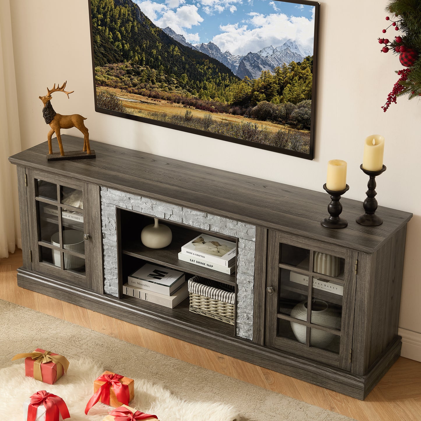 70  Modern TV Stand With 2-Door Storage, Faux Stone Media Console Cabinet, Grey Large Entertainment Center For Living Room