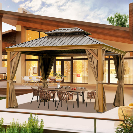 10  X 14  Hardtop Gazebo Outdoor Metal Gazebo Canopy With Galvanized Steel Double Roof, Wood Grain Aluminum Frame, Curtains And Netting For Patio, Deck, Garden