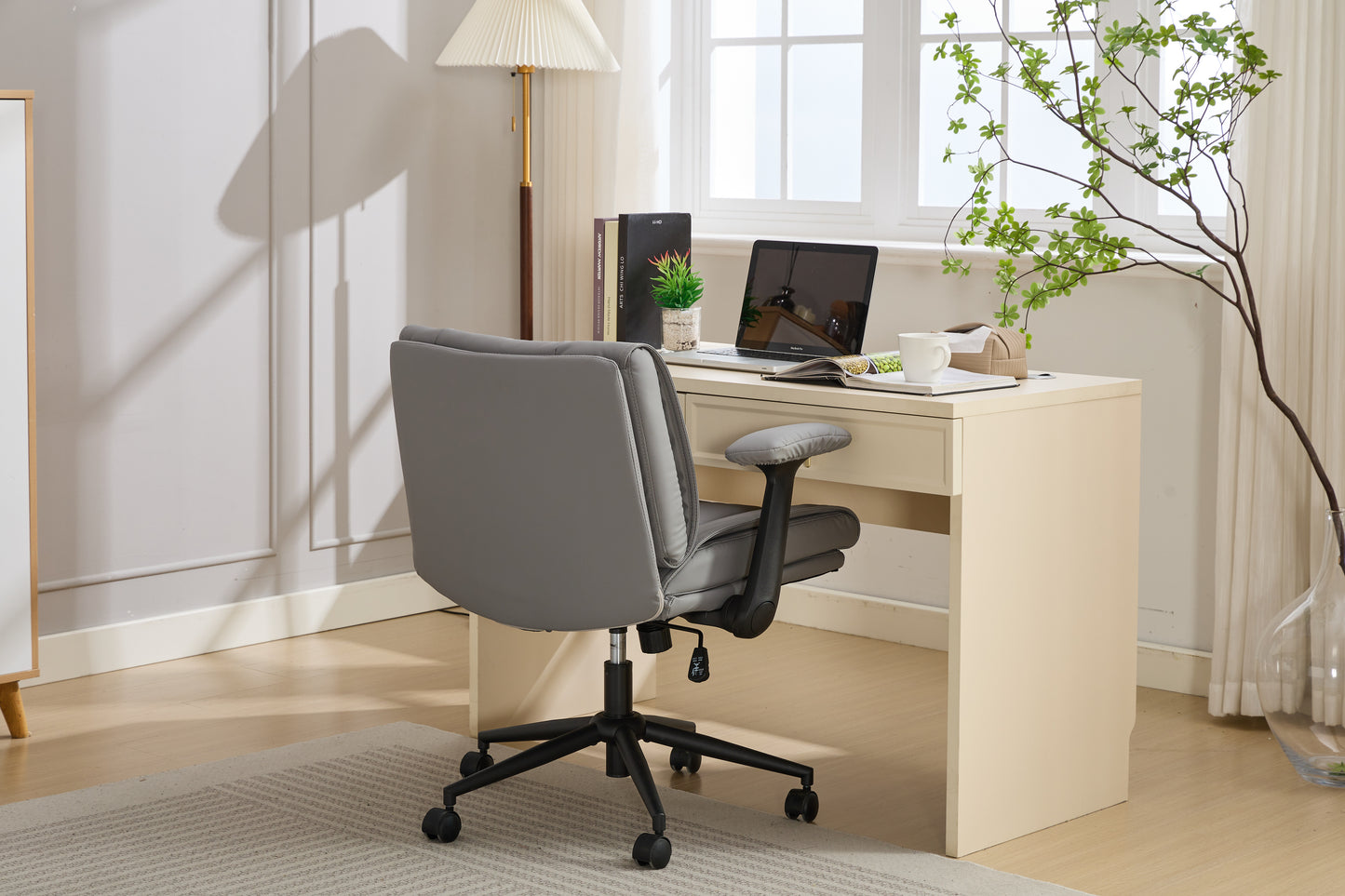 With Flip-Up Armrests Leather, Cross Legged Office Chair On Wheels, Comfy Swivel Chair With Wide Seat For Home Office, Vanity,  Ergonomic Desk Chair Adjustable, GREY