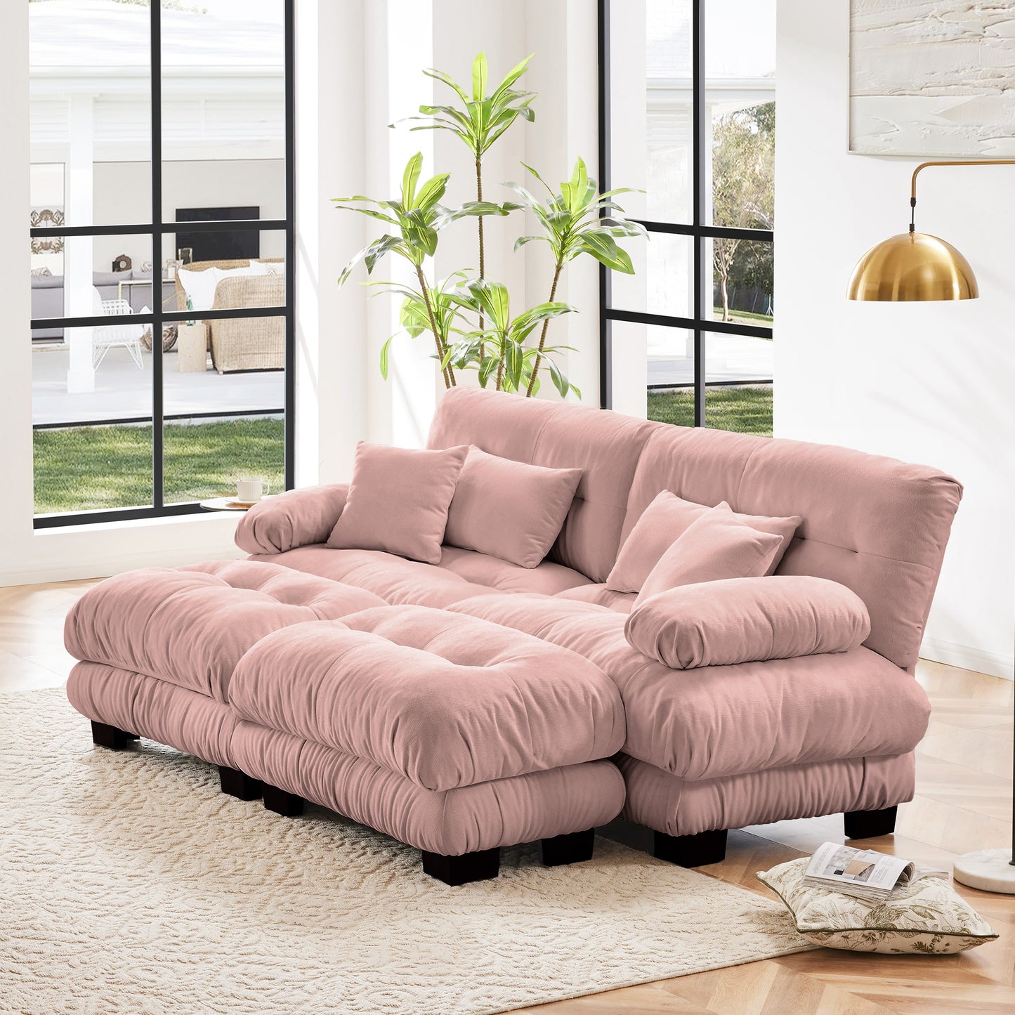 Cloud Couch Sleeper Sofa For Living Room, Chenille 2 Seater Sofa With 2 Lumbar Pillows And 2 Throw Pillows , Upholstered Wide Arm Sofa With 2 Ottomans,Chenille Pink