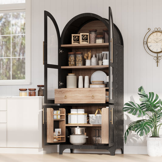 K&K 71  Tall Arched Kitchen Pantry Cabinet With Door Shelves, Farmhouse Kitchen Storage Cabinet With Open & Adjustable Shelves, Hidden Drawer & Glass Door, Cupboard For Kitchen, Dining Room, Black