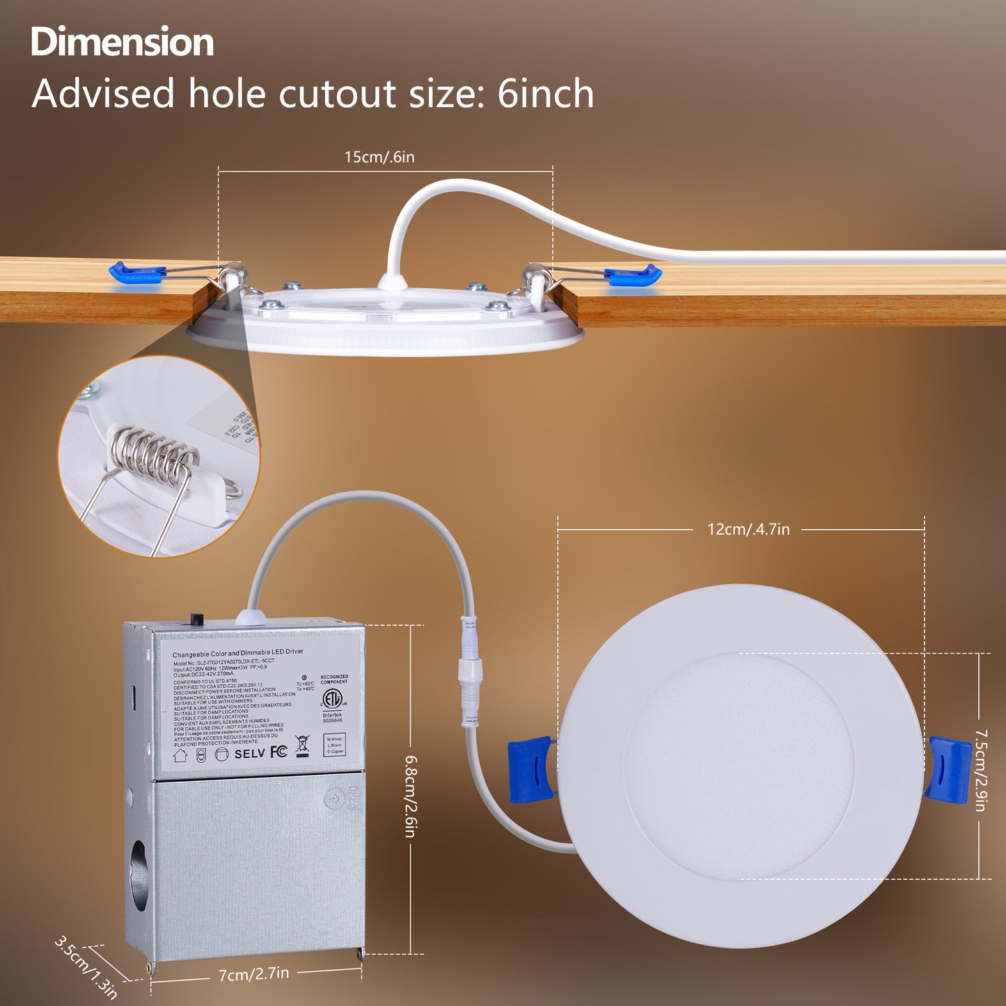 6 Pack 4 Inch White LED Recessed Light, Dimmable, 2700K-5000K 5CCT, 800LM High Brightness, 9W 120V, Ultra-Thin Canless Wafer Light