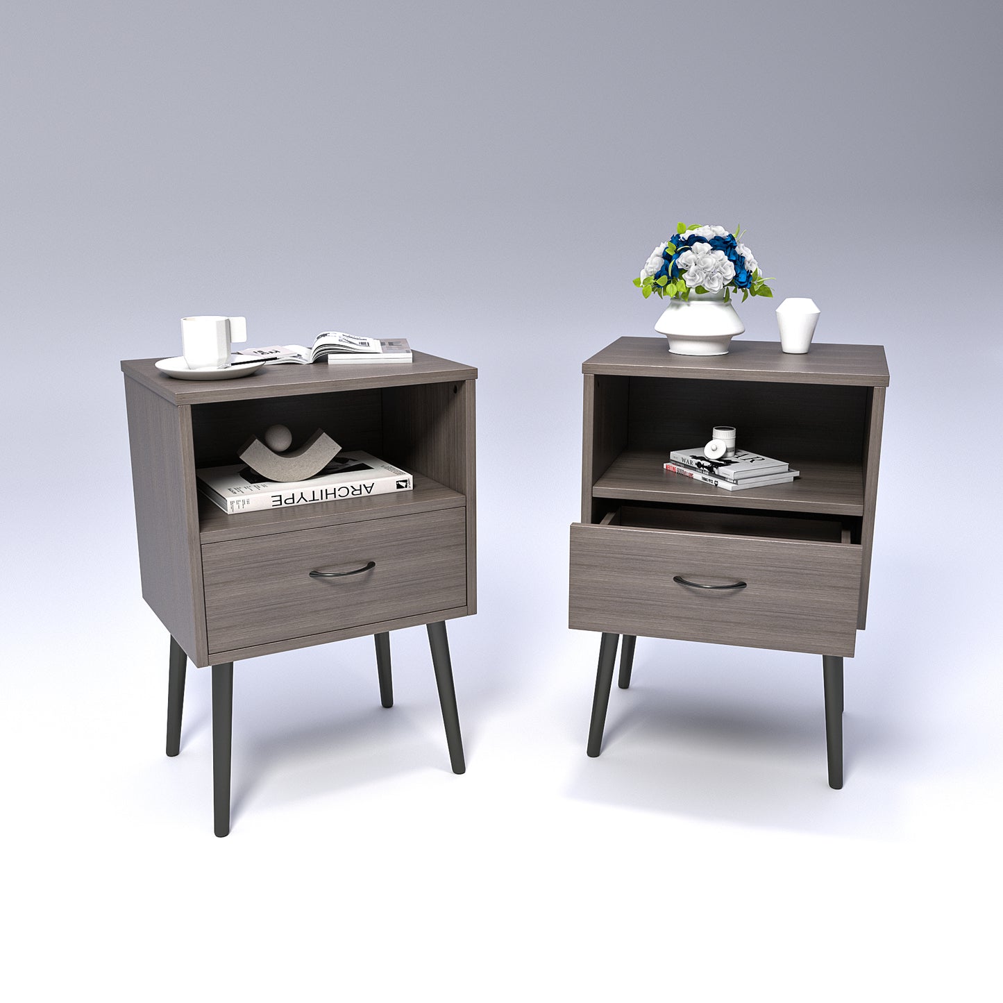 Two Sets Of Nightstand,modern Style Bedside Table, With Storage Drawers And Open Wooden Shelves, Suitable For Living Rooms, Bedrooms And Small Spaces. Decorative Bedside Tables In Two Sets, Easy To As
