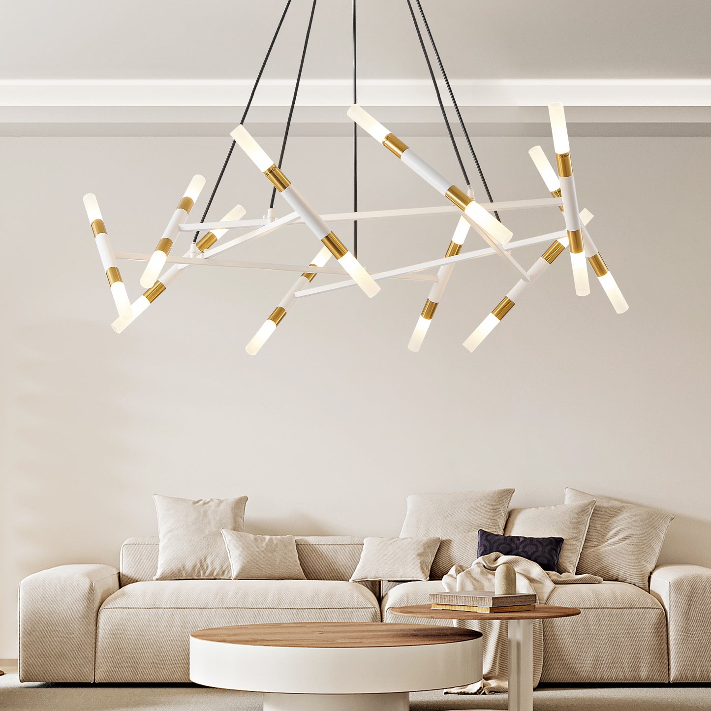 41  White & Golden Modern Chandelier Light Fixture, Branch Design With Frosted Tubes, Black Cords, Adjustable Height Pendant Light For Dining Room, Living Room, Or Kitchen Island Bulb Not Included