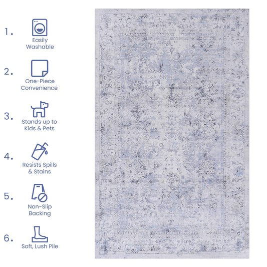 MAVAL Blue Washable Rug 2'6'' X 10' Runner Rug  Blue Cream, 2'6'' X 10'