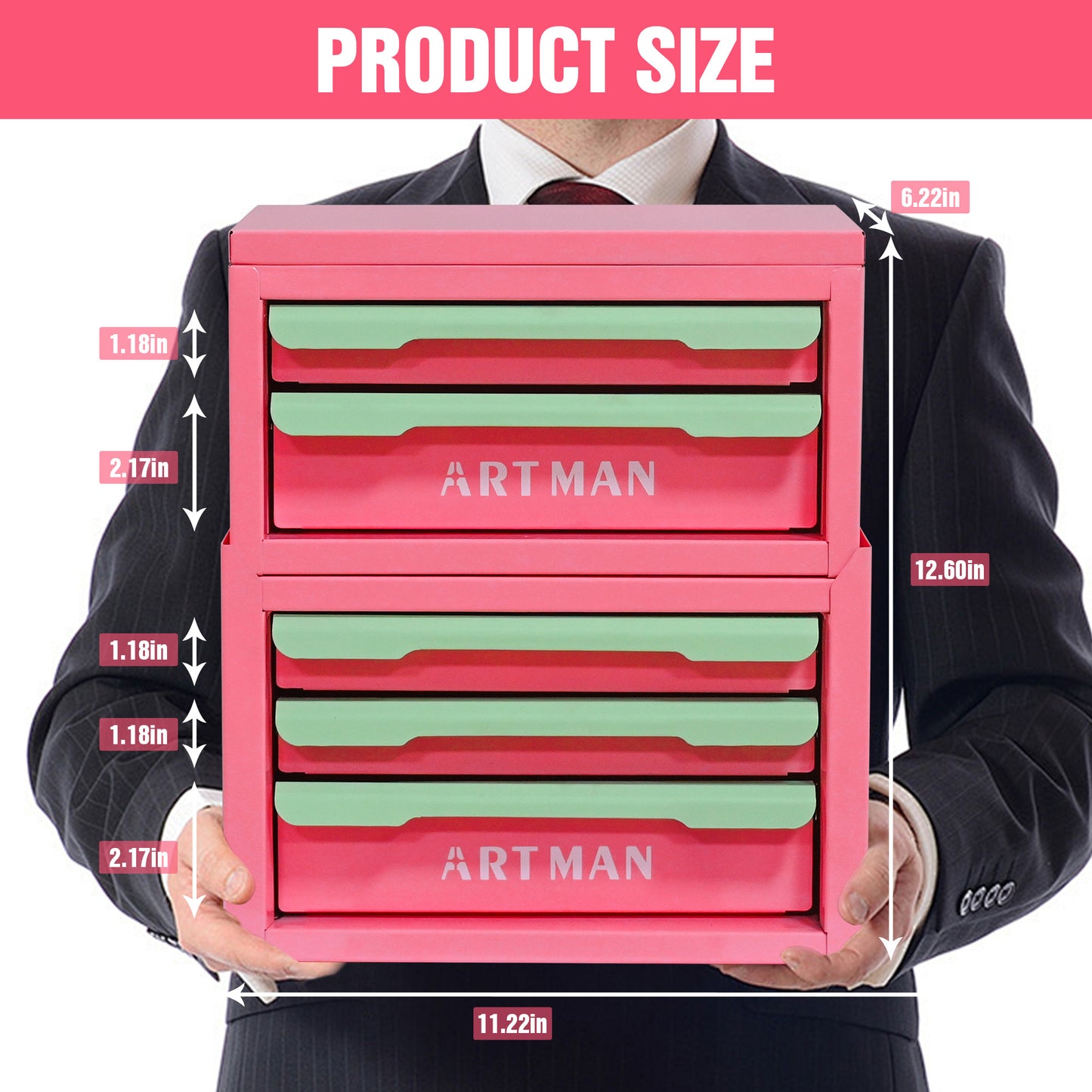Drawer-style Desktop Storage Box, Office Workstation Organizing Magic Tool, Desk Stationery Storage Rack, Cosmetic Storage Cabinet--Pink-green Colo