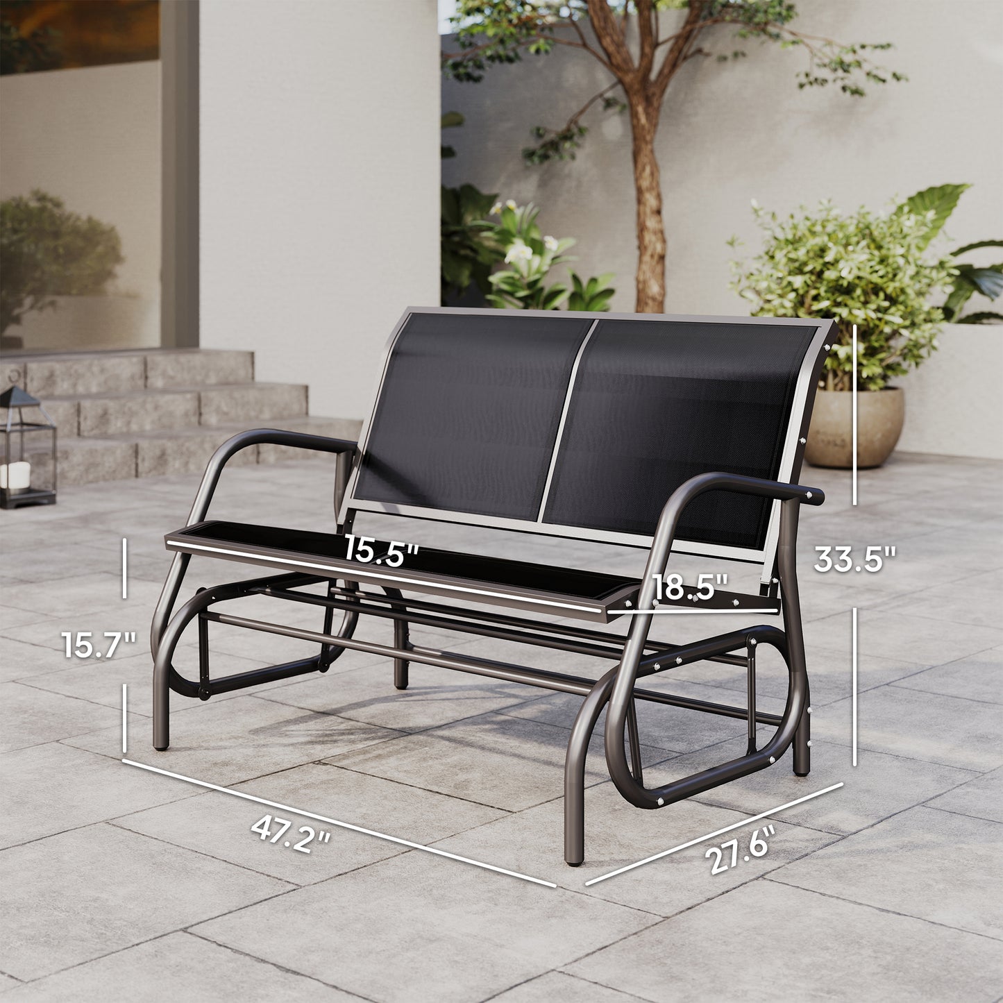 2-Person Outdoor Glider Bench, Patio Double Swing Rocking Chair Loveseat W/Powder Coated Steel Frame For Backyard Garden Porch, Black