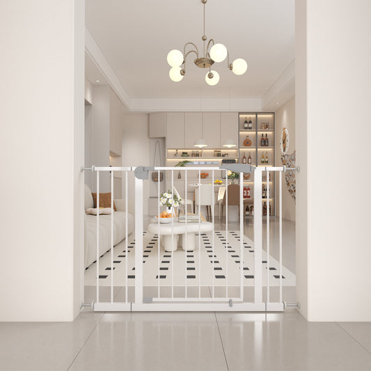 29.5-45.3 Wide Baby Gate For Stairs, Dog Gate Indoor For Doorways, No Drilling Pressure Mounted Pet Gates For Kids, Easy Walk Through Safety Gate, White