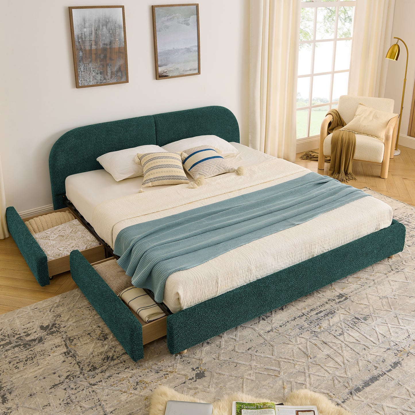 King Size Upholstered Bed Frame Modern Minimalist Style - Circle Yarn Fabric, Tall Curved Headboard, Sturdy Leg Support & Wheeled Drawer Storage, Mattress Not Included - Green