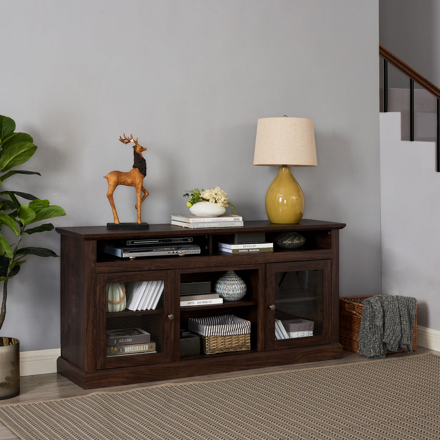Modern TV Stand For Up To 65 Inch TVs, Entertainment Center Farmhouse TV Cabinet Media Console Table With Glass Doors For Living Room, Brown 60 W X15.75 Dx29 H