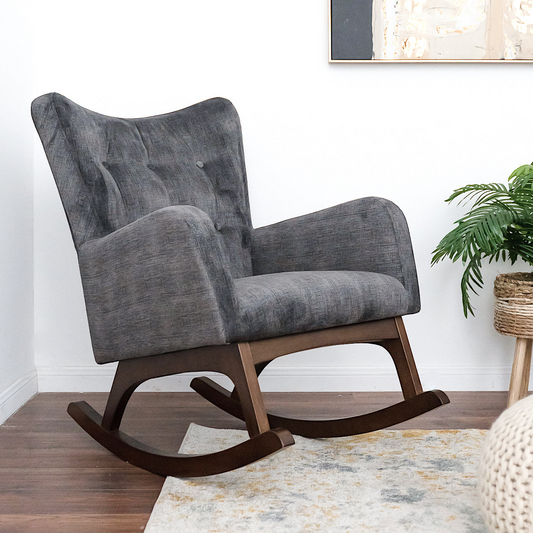 Alistair Solid Wood Rocking Chair With Stain Resistant Fabric In Brown And Dark Gray, 36x26x36.5 Inches For Living Room, Nursery, Bedroom