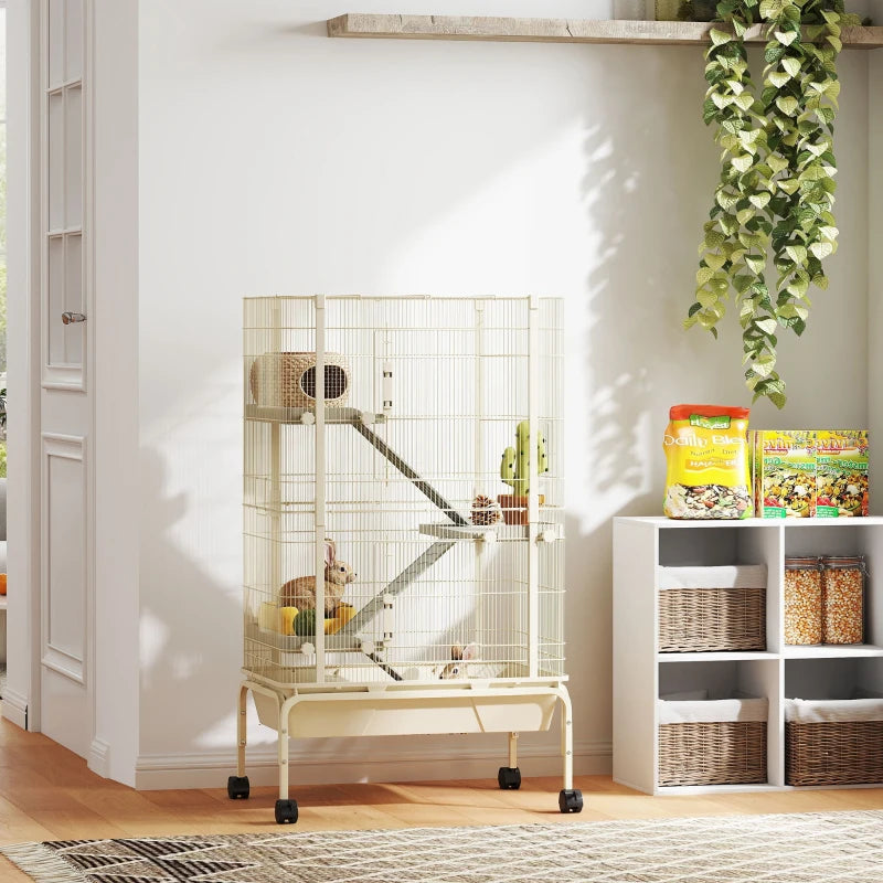 47inch Small Animal Cage, 4 Levels Large Rolling Metal Ferret Cage W 5.9Deep Tray, Ramps, Water Bottle, Food Dish, Beige