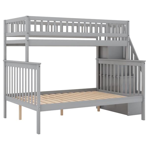 Twin Over Full Stairway Bunk Bed With Storage, Gray