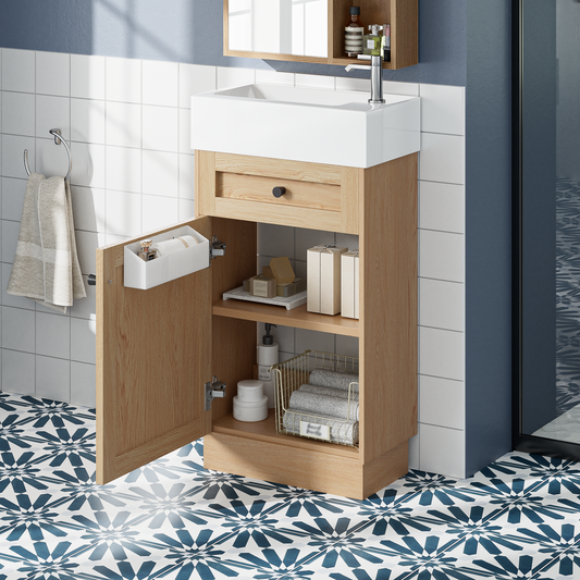 18.5  Bathroom Vanity With Reversible Resin Sink, MDF Cabinet With Adjustable Shelf And Elegant Zinc Alloy Handles, Wood Grain Melamine Finish, Reversible Door, Rustic Style For Small Spaces
