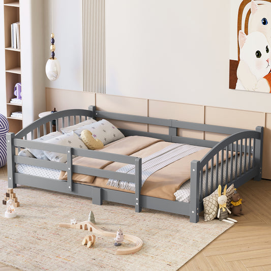 Full Montessori Floor Bed With Slats And Safety Guardrails, Solid Wood Floor Bed With Fence And Without Door, Easy Assemble Montessori Bed For Girls And Boys, Gray