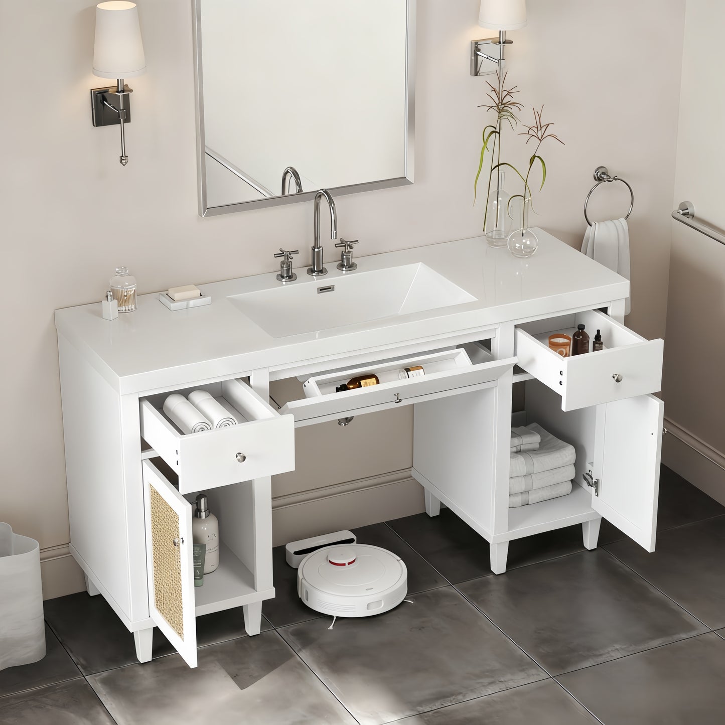 60 Inch Bathroom Vanity With SMC Sink, Modern Spacious Bathroom Storage Cabinet With Soft Close Drawers And Tip-Out Tray, Solid Wood Legs And Silver Metal Knobs,Wheelchair-friendly Style, White