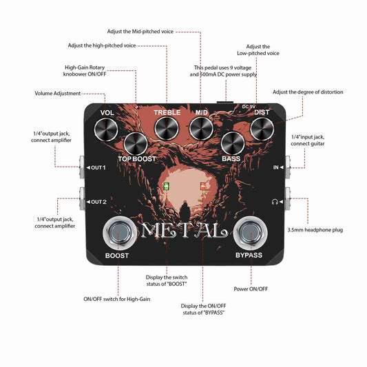 Metal Guitar Effect Pedal Traditional Metal Sound 80s/90s Headphone Output TREBLE/MID/BASS/BOOST/VOL/DIST For Electric Guitar Effect Pedal True Bypass DC 9V Full Metal Case