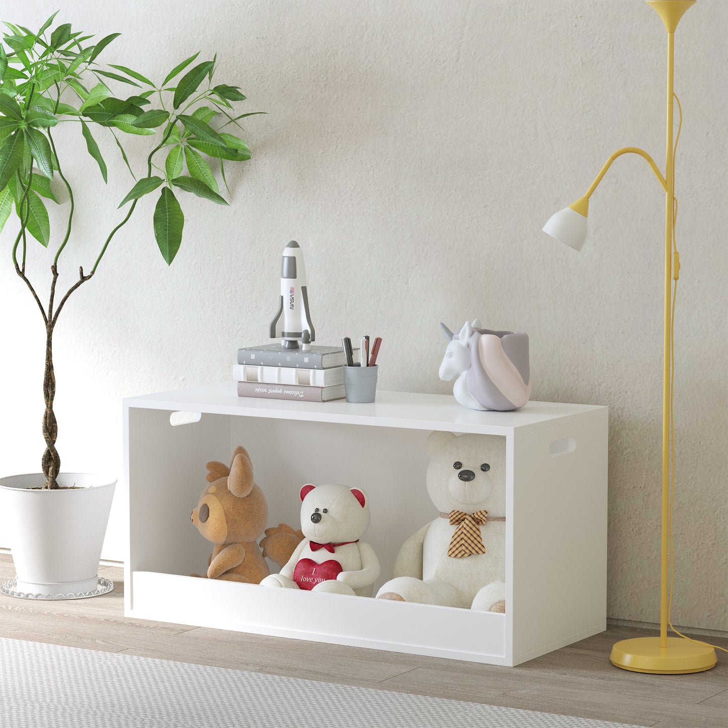 Open Toy Storage Box For Kids, White Wooden Organizer Bin For Plush Toys, Books, Nursery Or Playroom Use