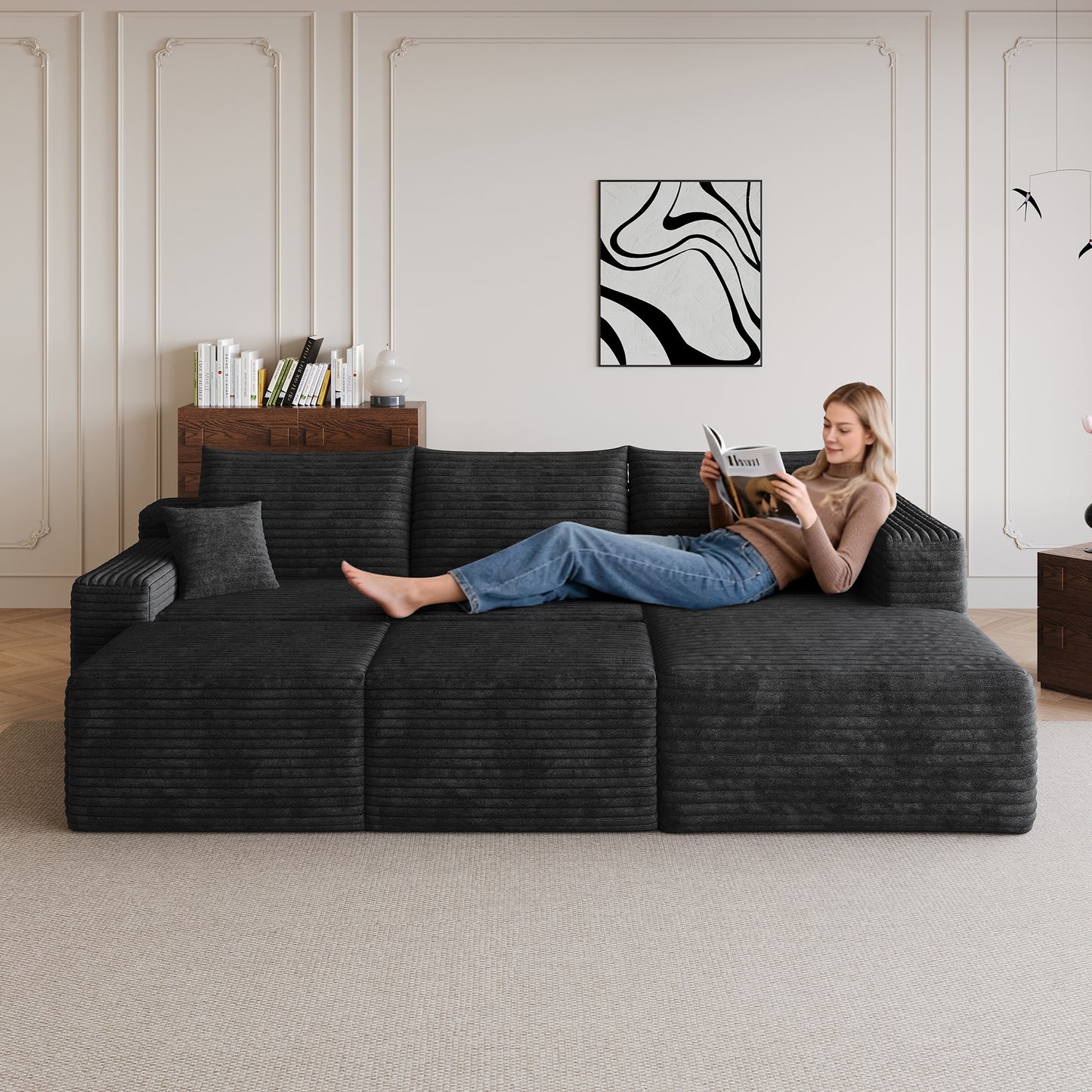 95  Cloud Sectional Sofa With 2 Ottoman,Modern Minimalist Upholstered Couches, Comfort U Shaped Sofa For Living Room,Deep Seat Corner Couch,No Assembly Required,Black  Plush Corduroy Fabric