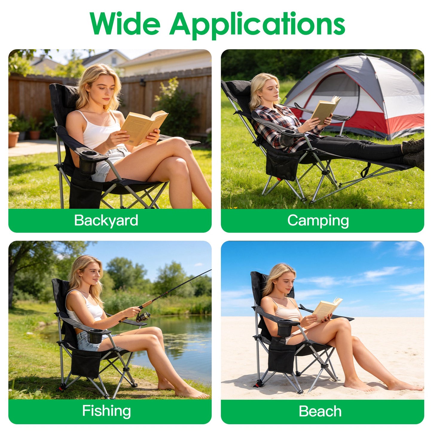 1Pc Reclining Camping Chair With Footrest 4-Position Adjustable Outdoor Folding Chair Heavy Duty Portable Camping Lounge Chair With Headrest Cup Holder & Side Pocket For Outdoor Beach Patio Travel