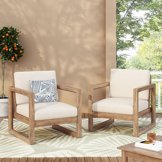 Set Of 2, Outdoor Acacia Wood Patio Club Chair, Wood Patio Furniture,Waterproof Thick Cushion Deep Seating For Porch, Garden, Backyard, Balcony, Brown Wash And Beige Cushion