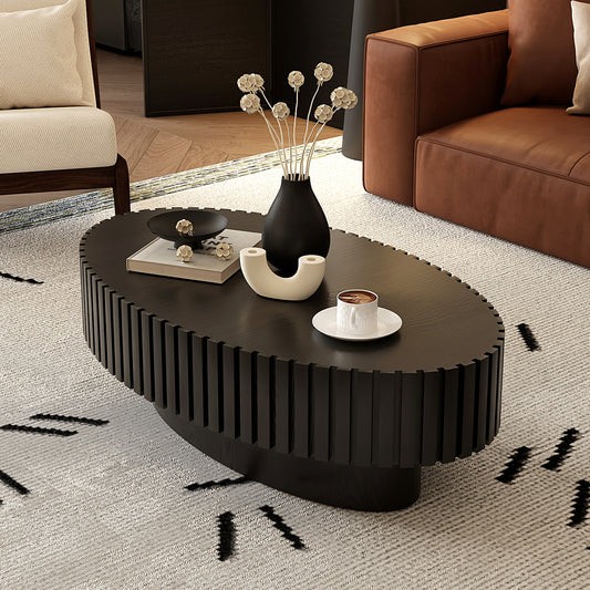 Oval Coffee Table Handcrafted Relief Sturdy Pedestal Wooden Olive-Shaped Tea Table For Living Room
