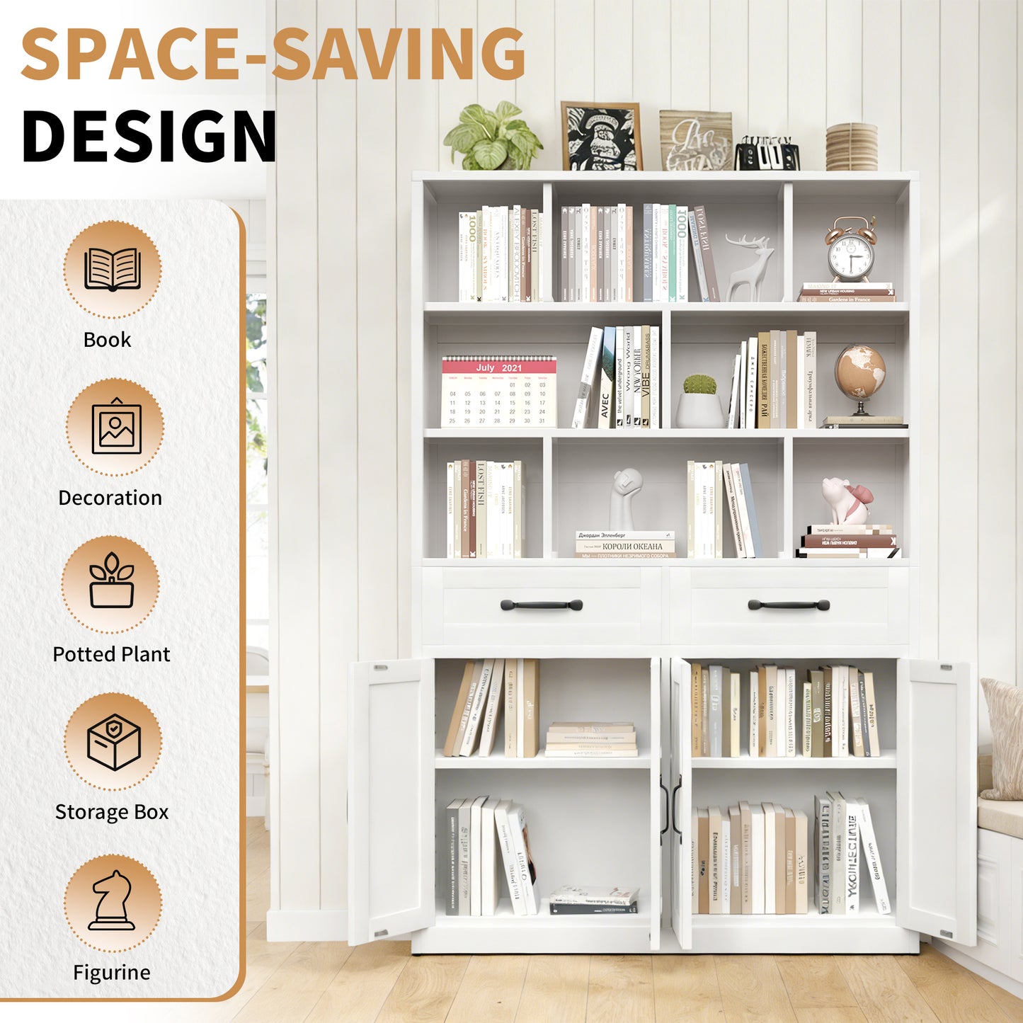 71  H Metal Bookcase With 2 Doors & 2 Drawers, Tall Storage Cabinet With Fixed Open Shelves For Home Office, Living Room, Modern Bookshelf, White