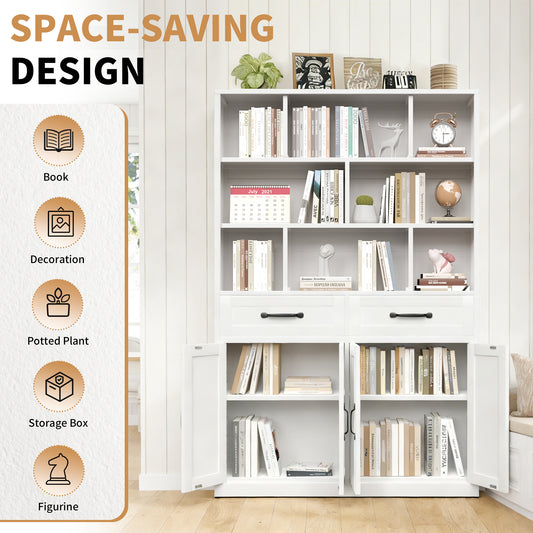 71  H Metal Bookcase With 2 Doors & 2 Drawers, Tall Storage Cabinet With Fixed Open Shelves For Home Office, Living Room, Modern Bookshelf, White